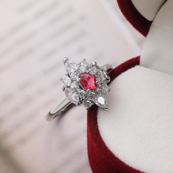 🌸LUXURY RUBY OLD MINE DIAMOND NOBLE SILVER SHINY FLOWER DAINTY RING, K920 - Picture 6 of 7